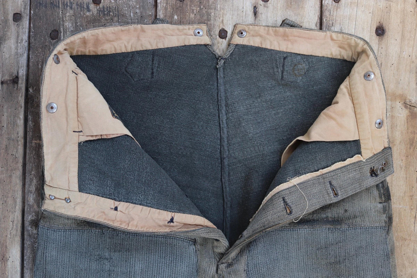 Vintage 1950s French patched workwear trousers - chore pants - buckle back - 32” x 29”