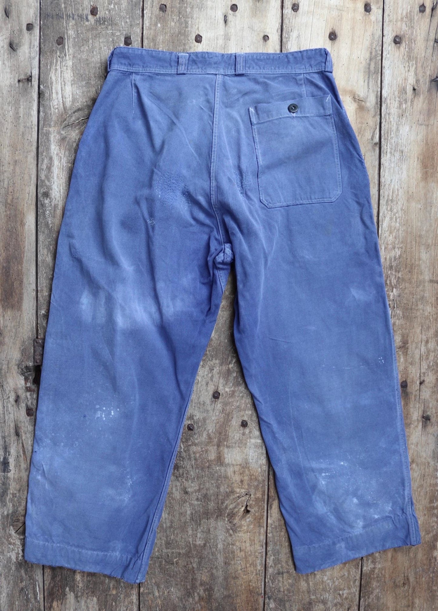 Vintage French workwear trousers - hand darned and repaired - blue cotton twill pants - 1960s chore - 30” x 25”