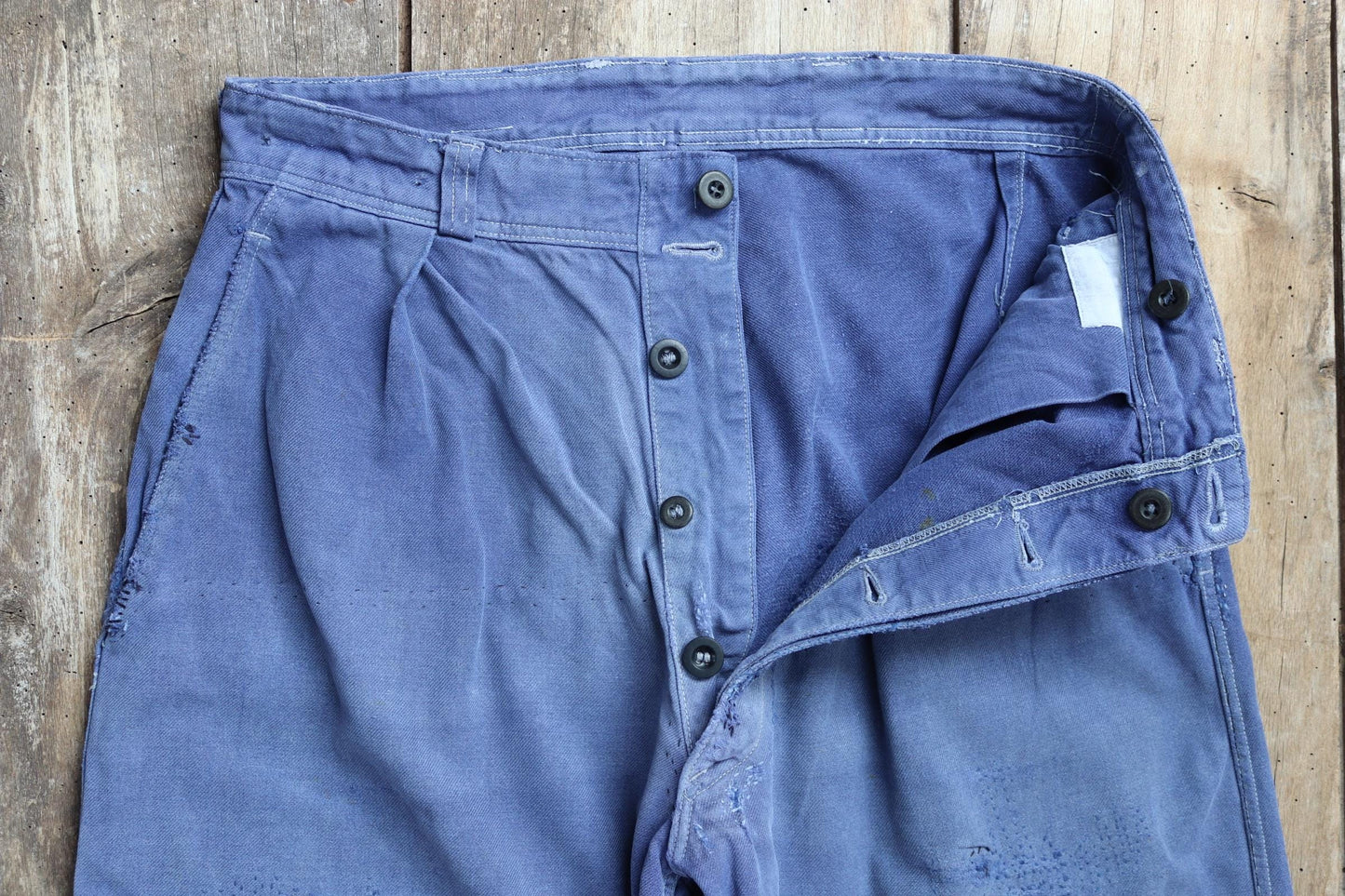 Vintage French workwear trousers - hand darned and repaired - blue cotton twill pants - 1960s chore - 30” x 25”