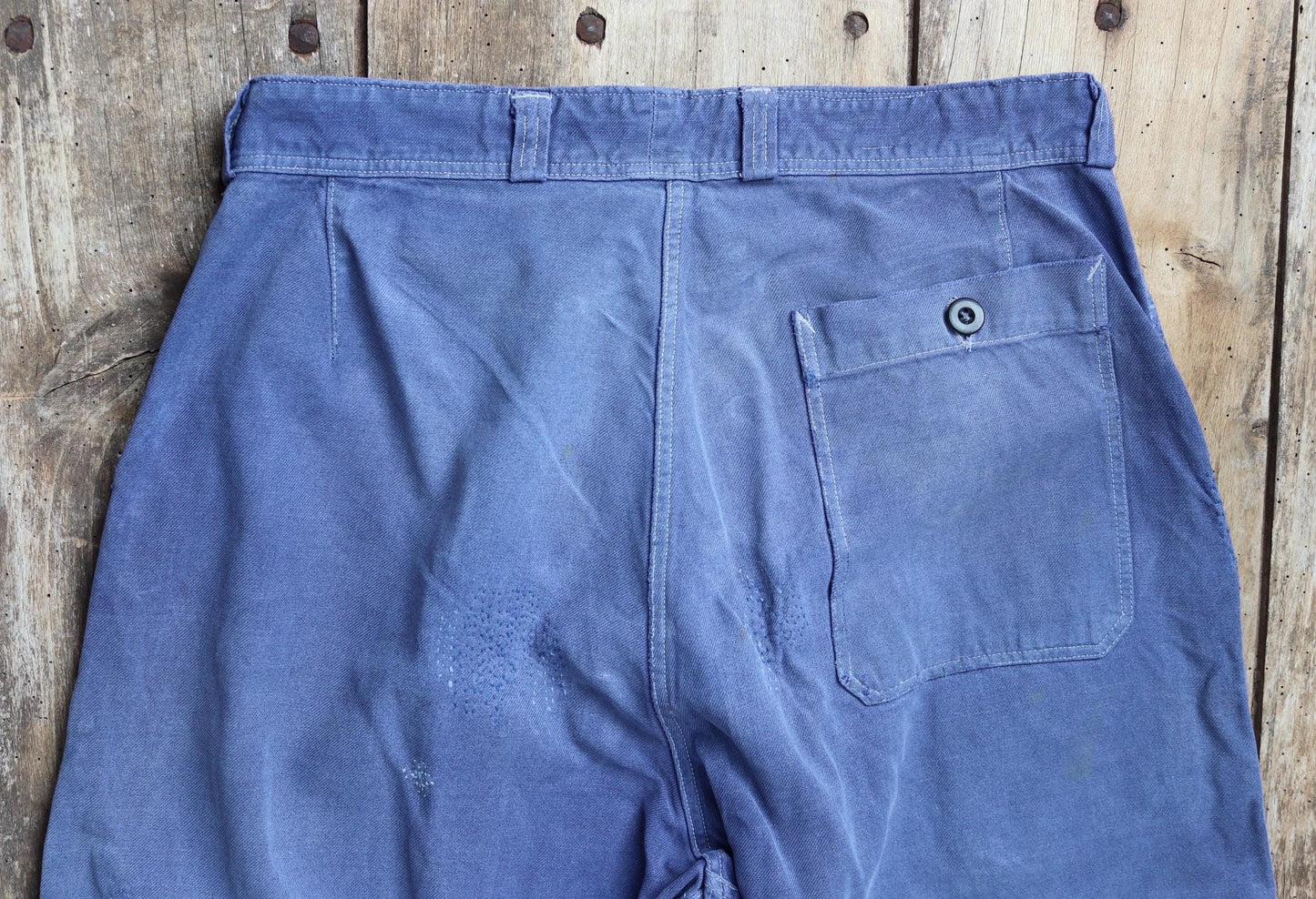 Vintage French workwear trousers - hand darned and repaired - blue cotton twill pants - 1960s chore - 30” x 25”