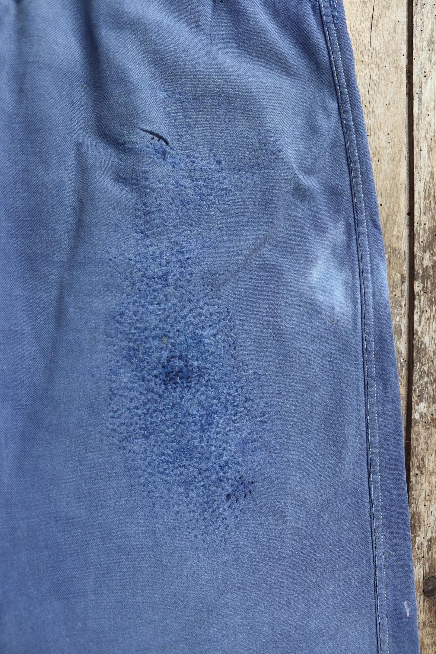 Vintage French workwear trousers - hand darned and repaired - blue cotton twill pants - 1960s chore - 30” x 25”