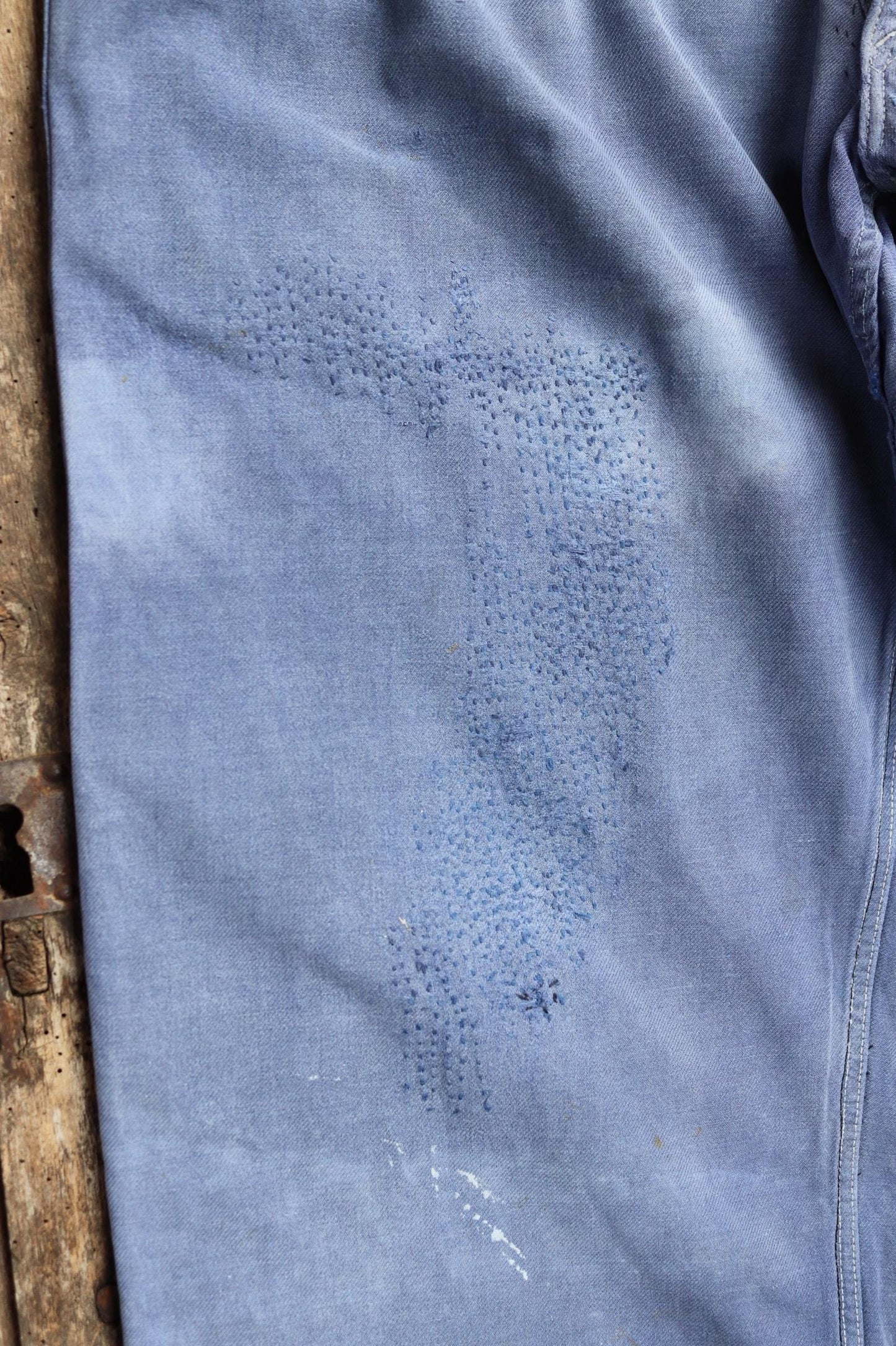 Vintage French workwear trousers - hand darned and repaired - blue cotton twill pants - 1960s chore - 30” x 25”