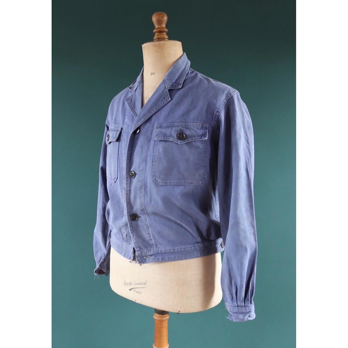 Vintage French blue cyclist jacket - 1950s workwear - cropped chore coat - faded cotton twill - 44” chest - bleu de travail