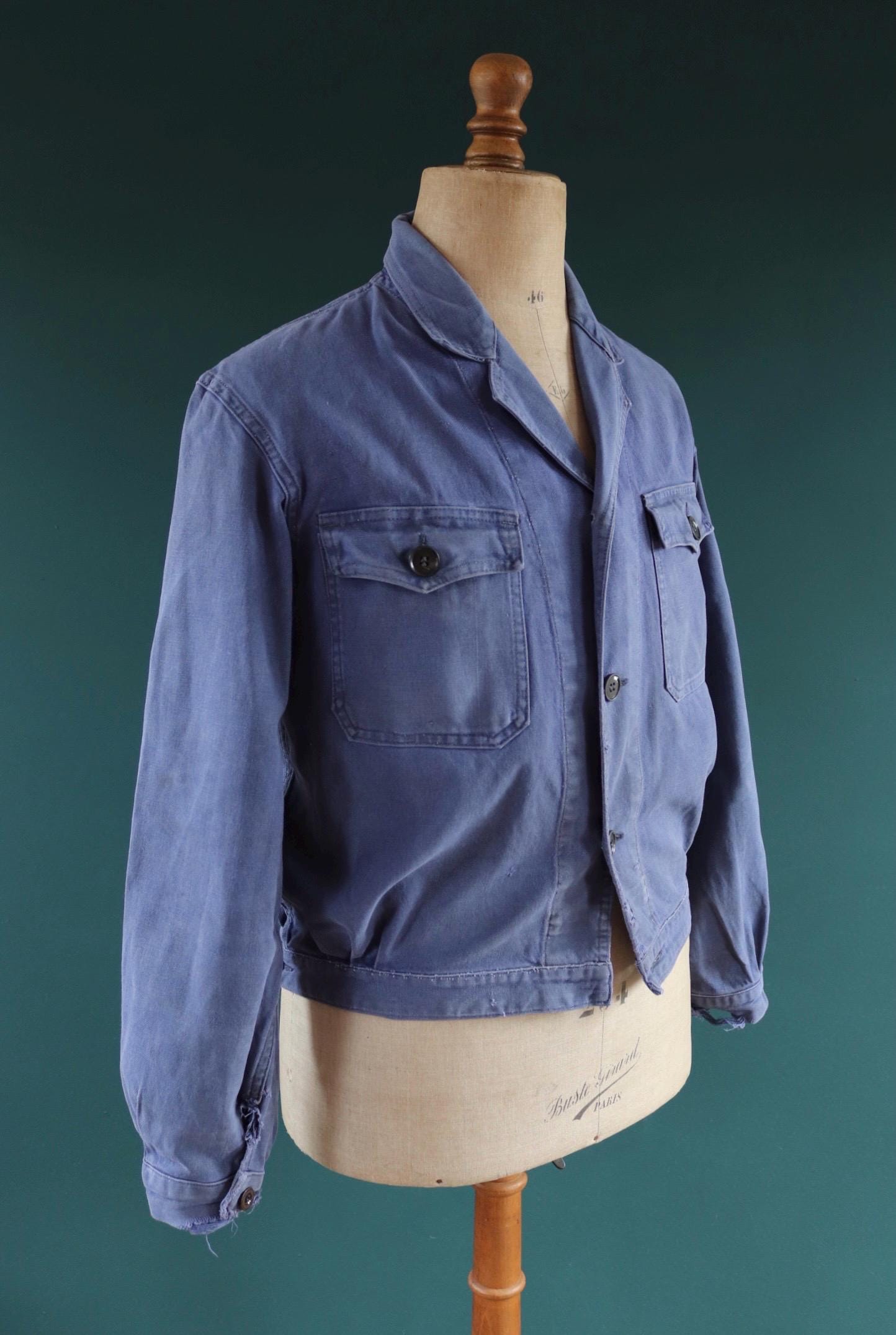 Vintage French blue cyclist jacket - 1950s workwear - cropped chore coat - faded cotton twill - 44” chest - bleu de travail
