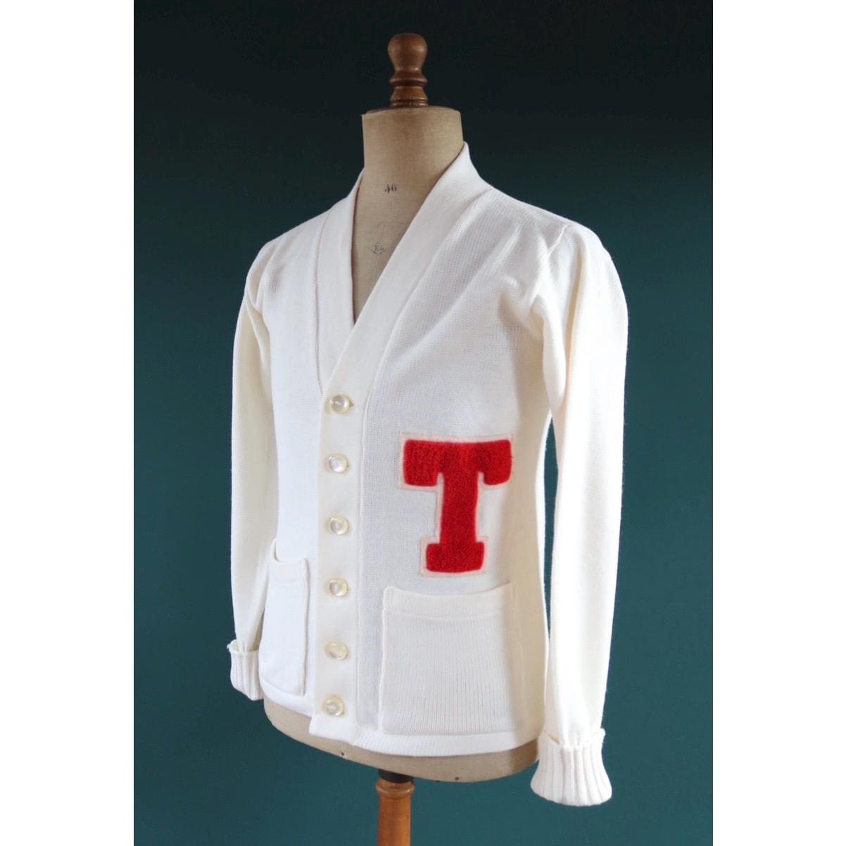 Vintage 1960s acrylic varsity sweater - Ivy League style - white cardigan - knitwear - 38” chest