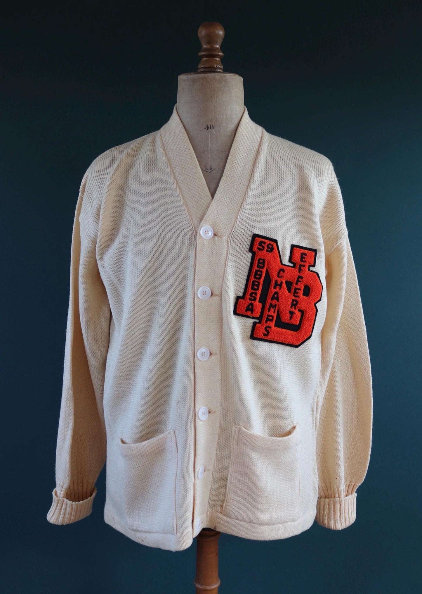 Vintage 1950s wool varsity sweater - chenille patch - knitted cardigan - Ivy League style - 46” chest