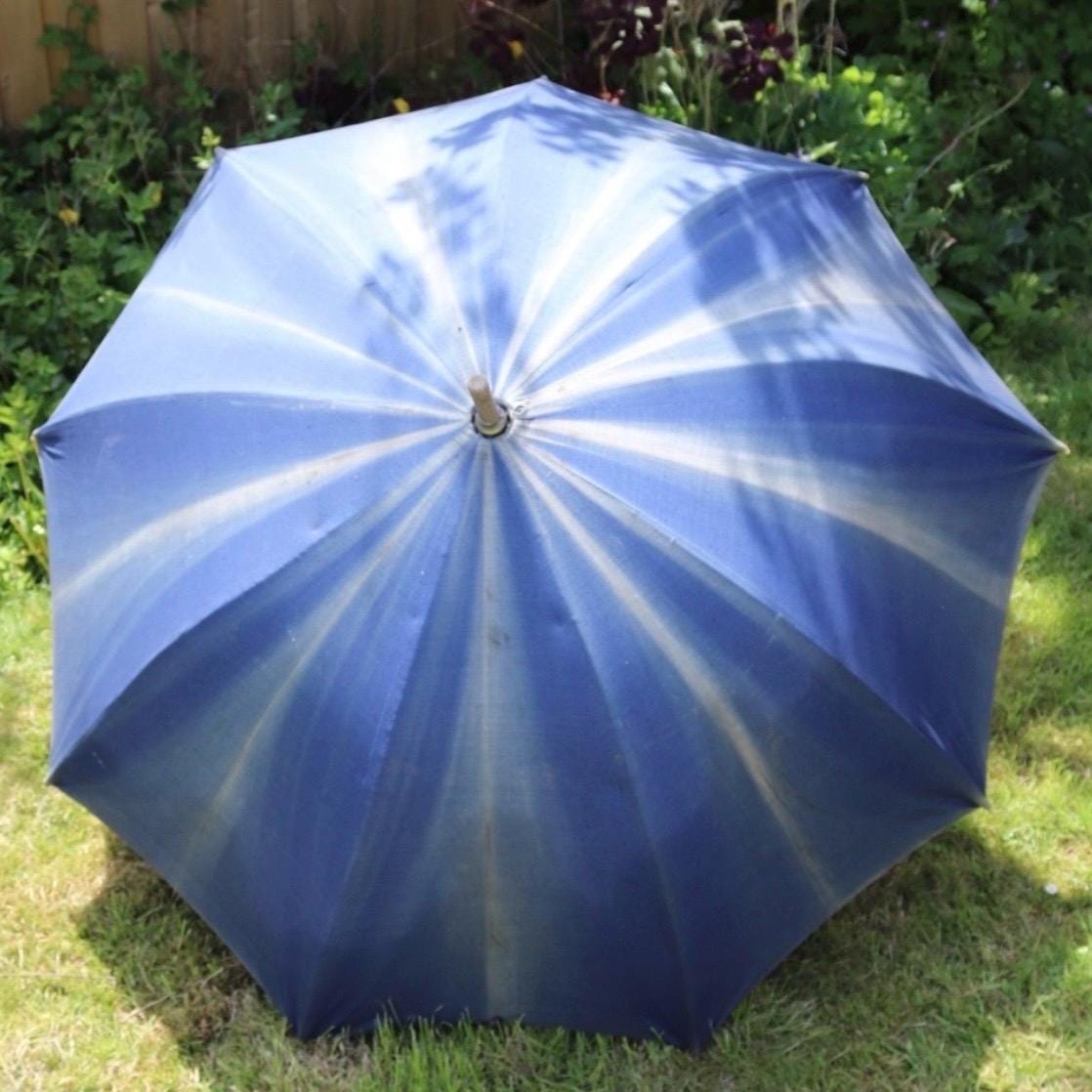 Vintage French indigo parasol for garden and patio - sun faded workwear - 1920s 30s umbrella - shepherd