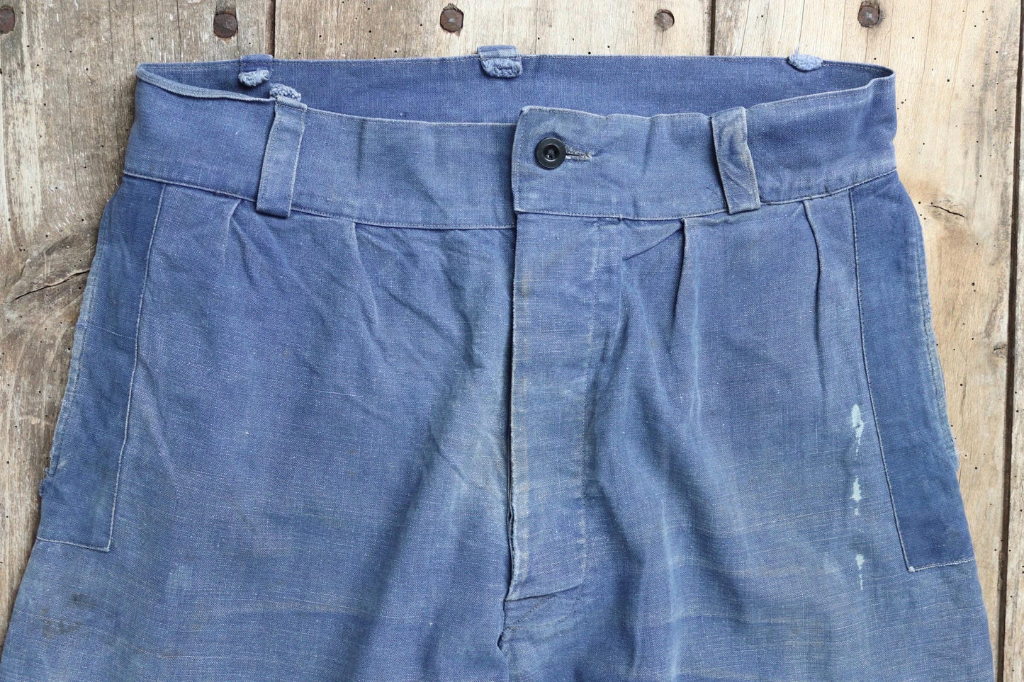 Vintage French workwear trousers - 1930s chore pants - sun faded blue cotton - 34” x 27”