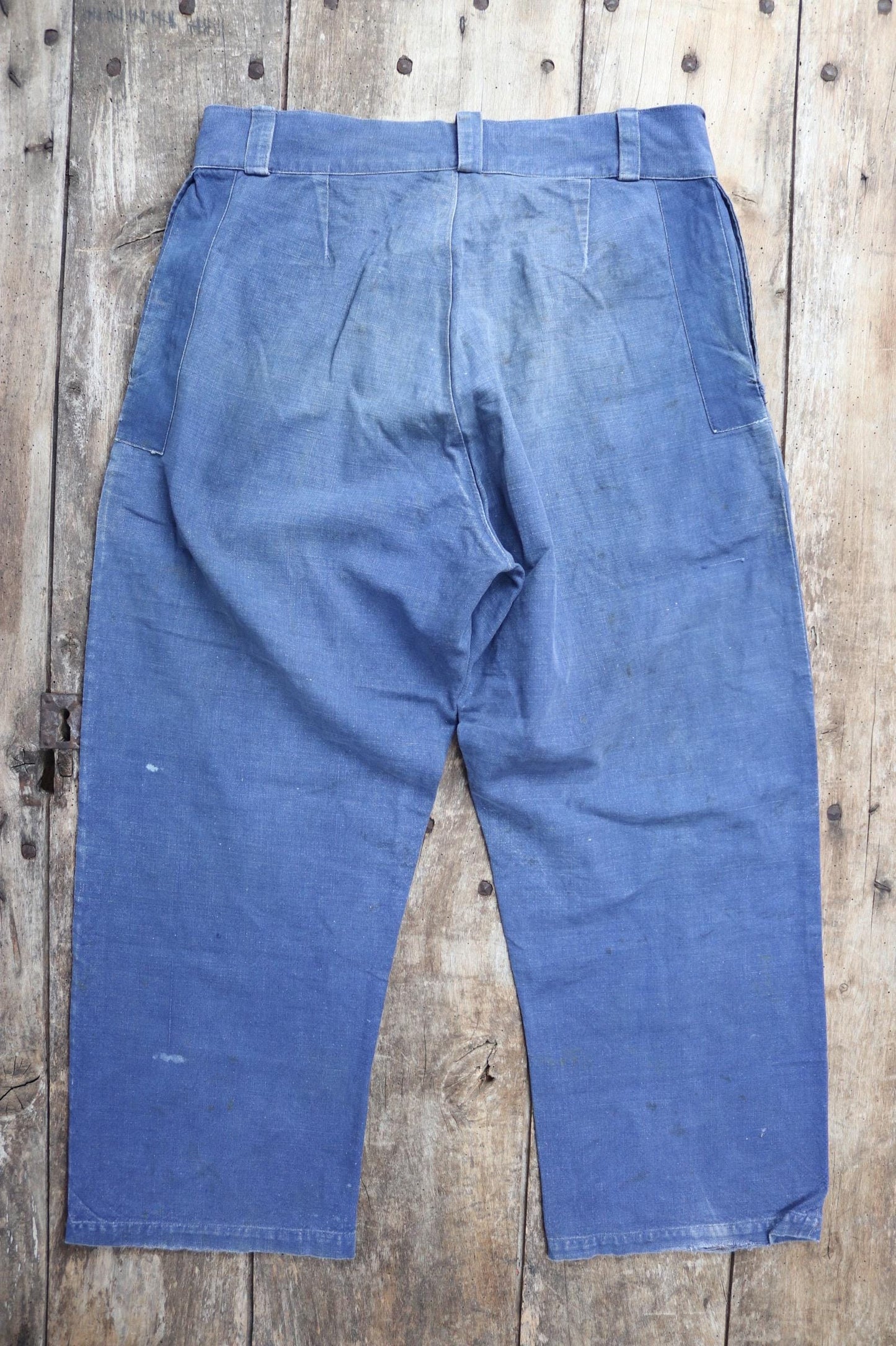 Vintage French workwear trousers - 1930s chore pants - sun faded blue cotton - 34” x 27”