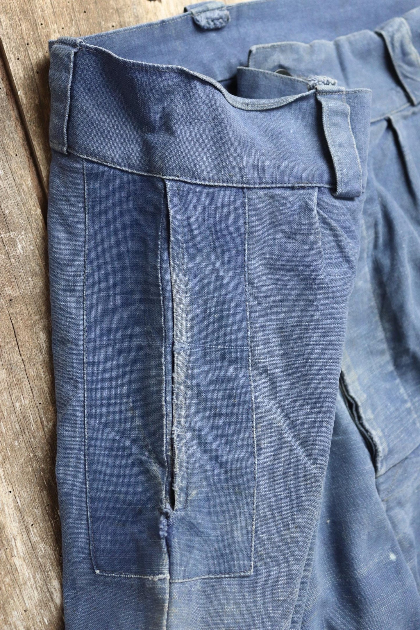Vintage French workwear trousers - 1930s chore pants - sun faded blue cotton - 34” x 27”