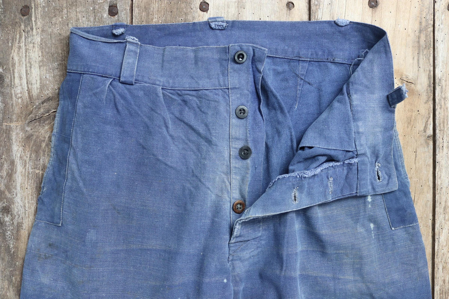 Vintage French workwear trousers - 1930s chore pants - sun faded blue cotton - 34” x 27”