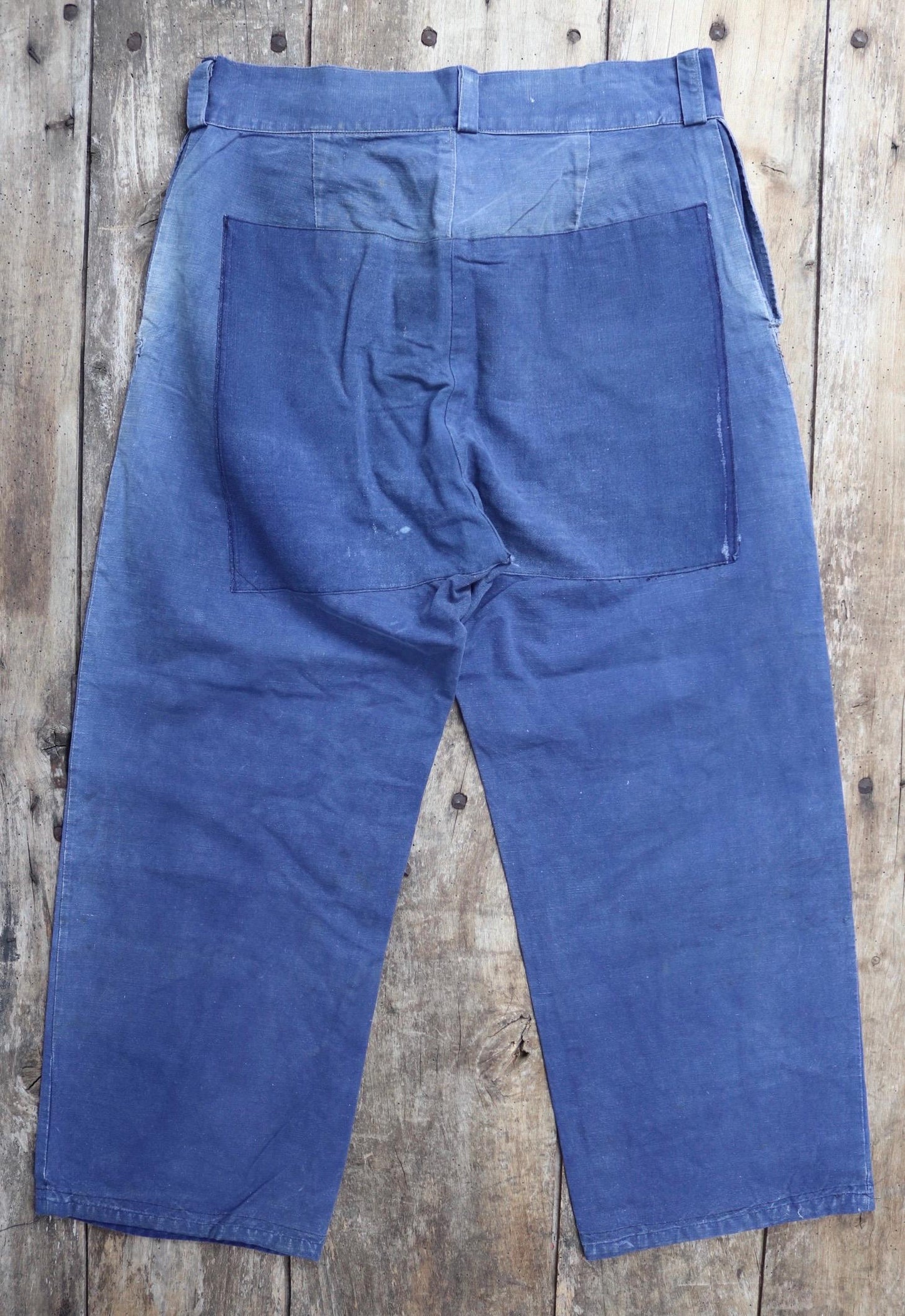 Vintage French workwear trousers - 1930s chore pants - sun faded blue cotton - 34” x 27”