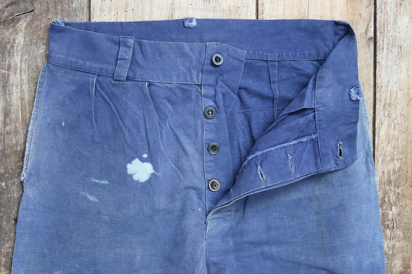 Vintage French workwear trousers - 1930s chore pants - sun faded blue cotton - 34” x 27”