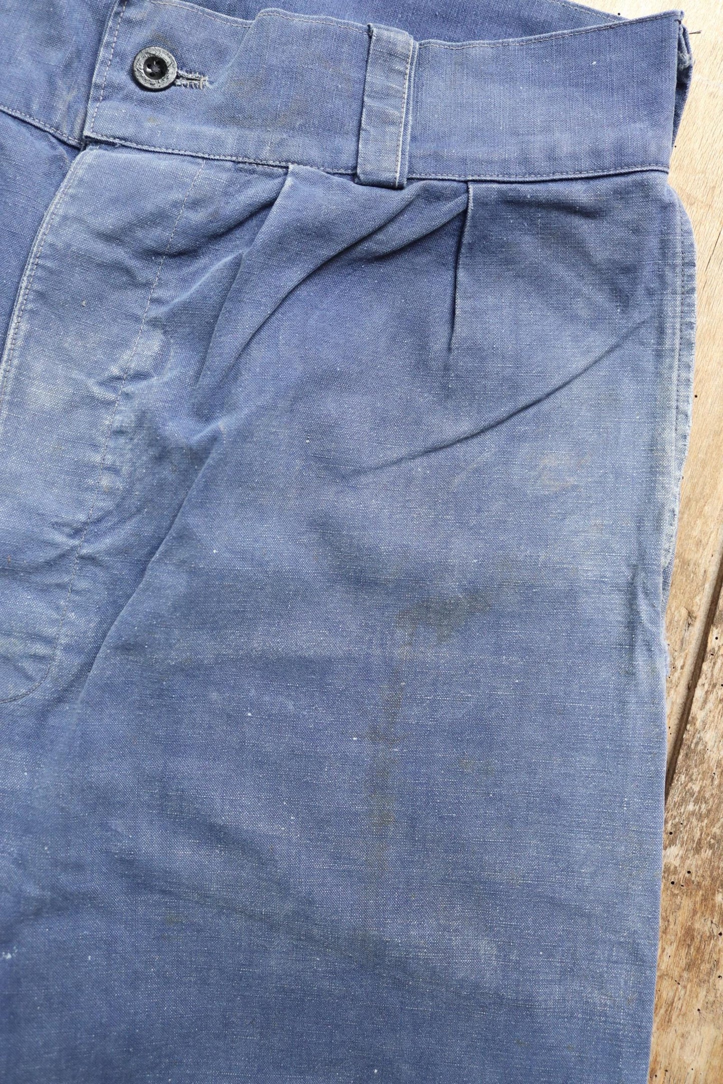 Vintage French workwear trousers - 1930s chore pants - sun faded blue cotton - 34” x 27”