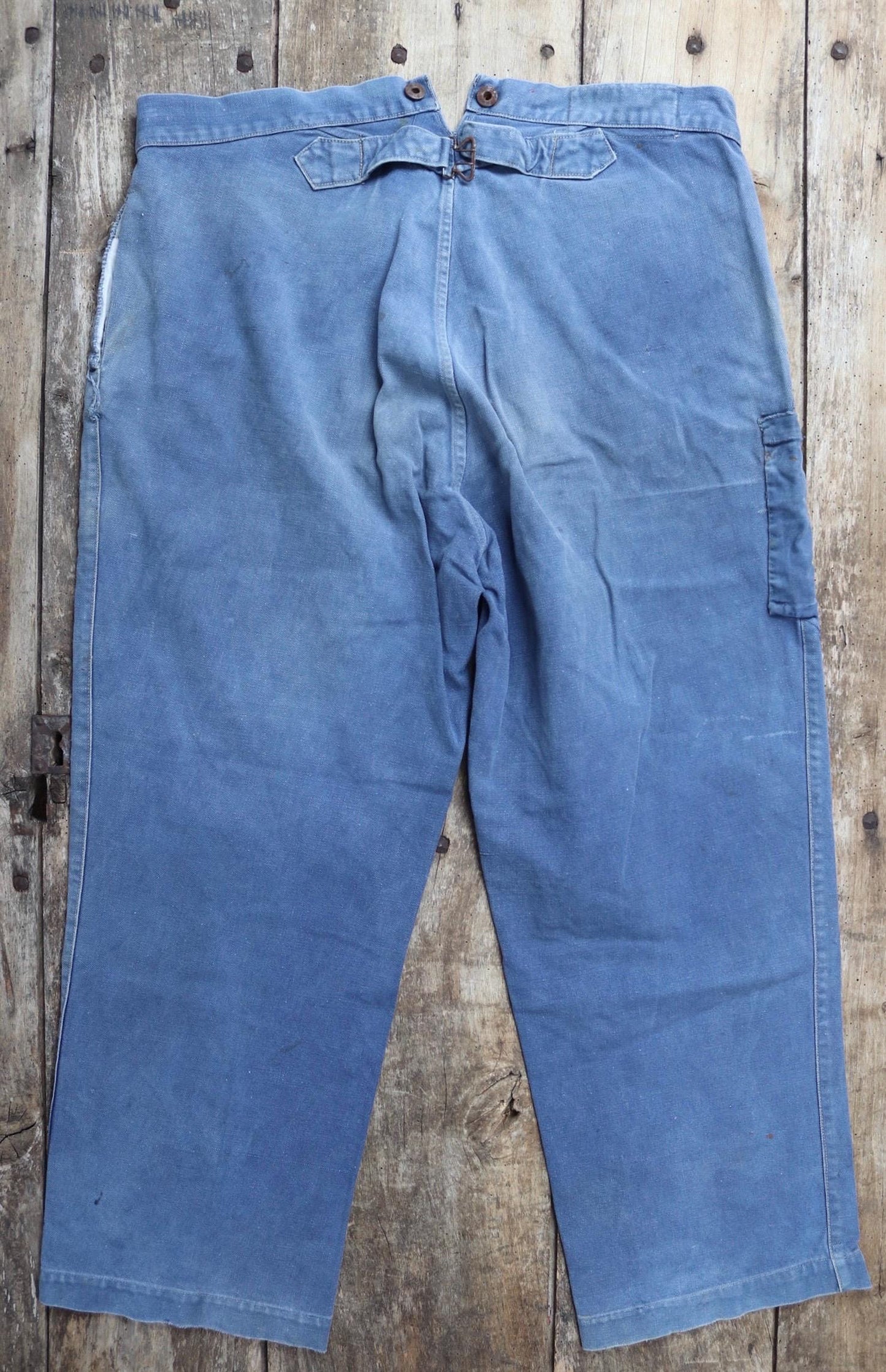 Vintage 1930s French workwear trousers - Le Mont St Michel chore pants - blue cotton twill - buckle back - 38” x 27”
