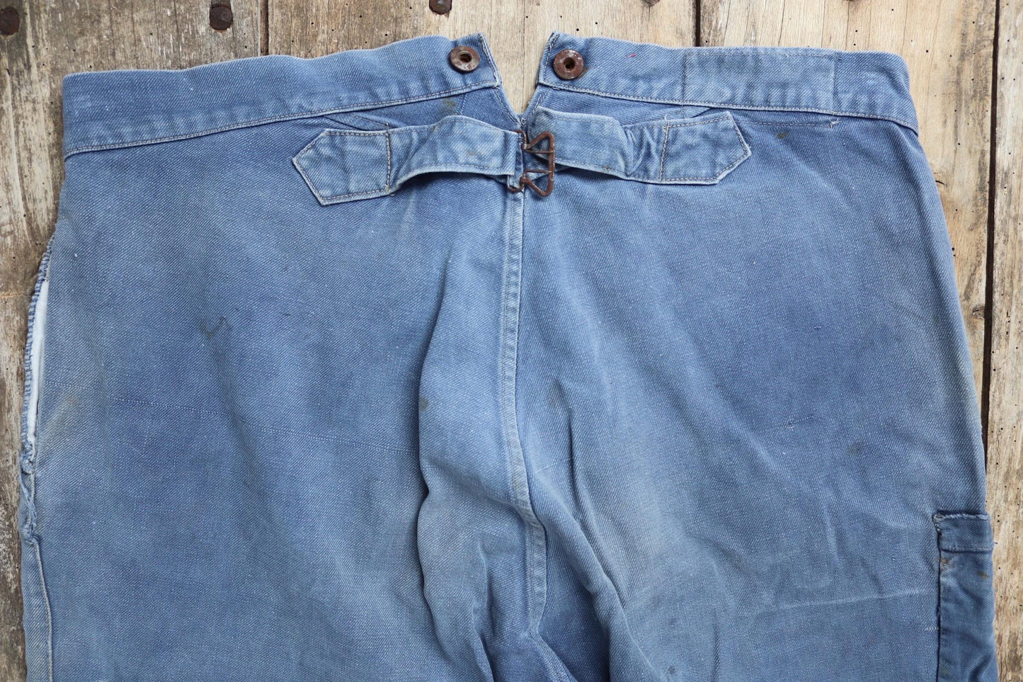 Vintage 1930s French workwear trousers - Le Mont St Michel chore pants - blue cotton twill - buckle back - 38” x 27”