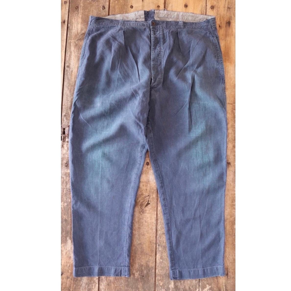 Vintage French workwear trousers - indigo linen pants - antique maquignon - 1930s 40s chore - 44” x 32”