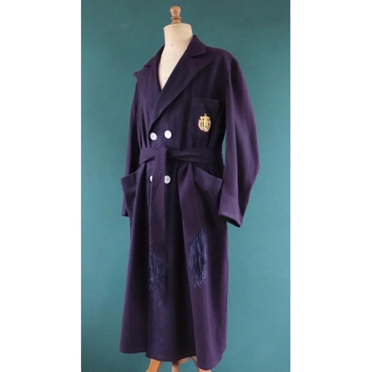 Vintage 1950s 60s USN dressing gown - military robe - US naval academy - navy blue wool - belted smoking jacket - 52” chest