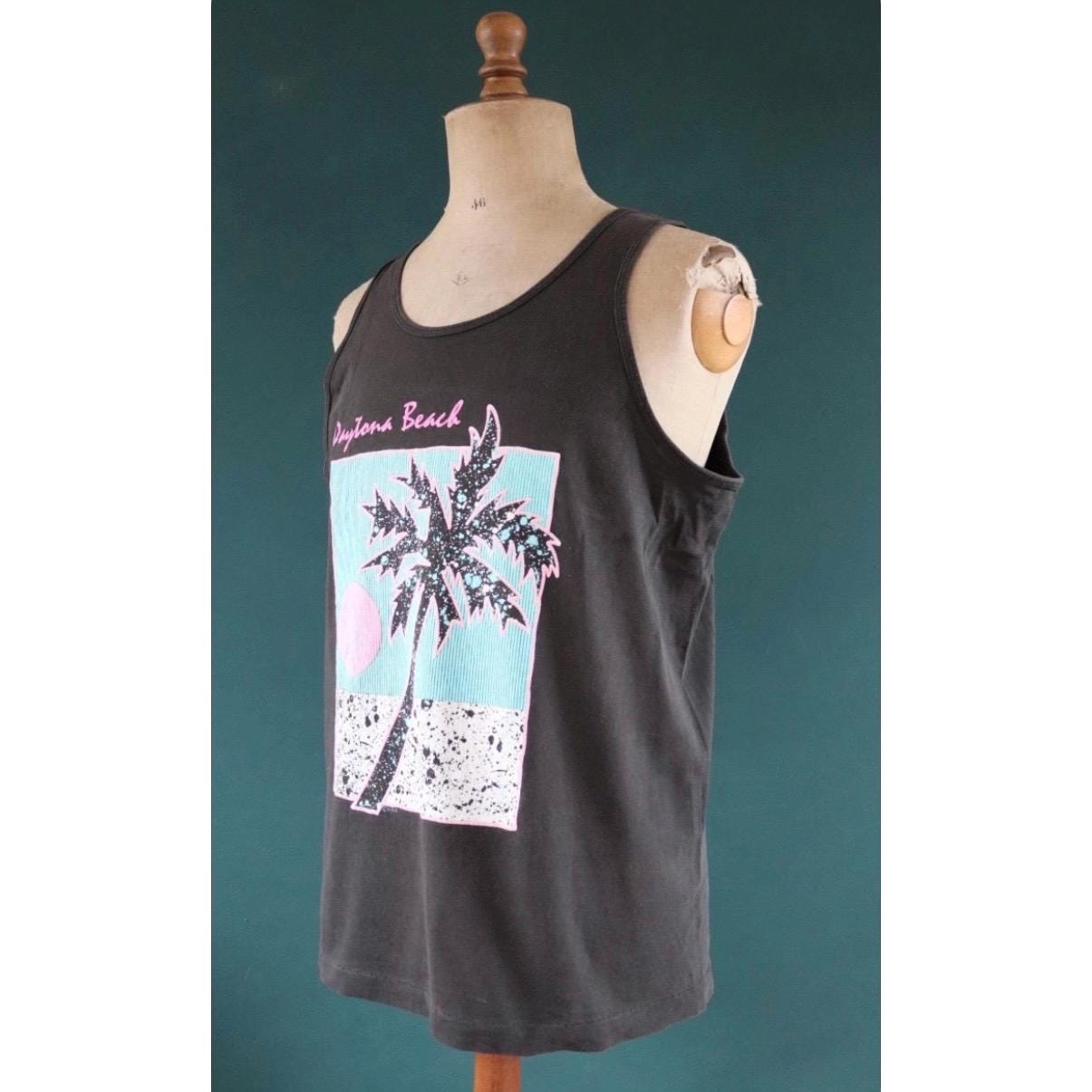 Vintage 1990s t shirt - Fruit of the Loom faded black and neon vest - Daytona Beach print - tourist souvenir singlet - 43” chest