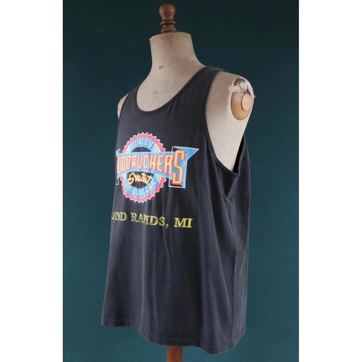 Vintage 1990s t shirt - faded black vest - Fuddruckers hamburgers - neon print - cotton singlet - sportswear - 46” chest
