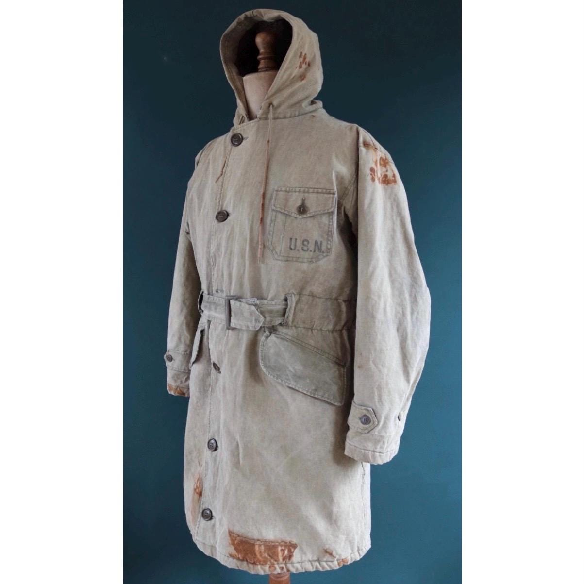 Vintage WW2 torpedo coat - 1940s USN jacket - US navy PT boat deck overcoat - foul weather military parka - 44” chest