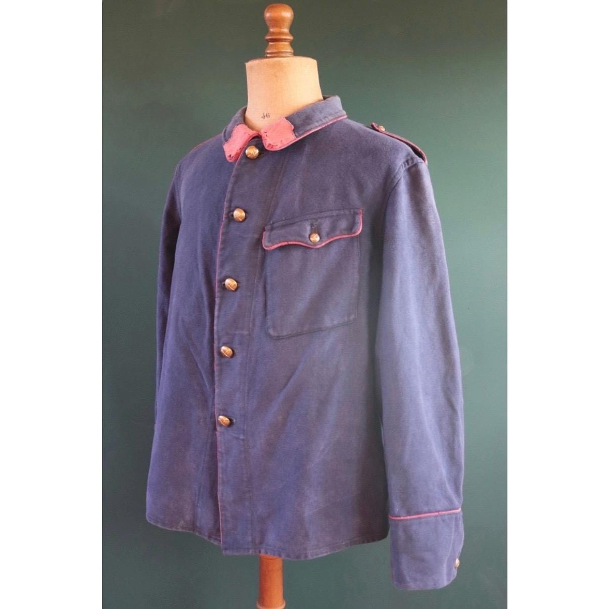 Vintage 1930s workwear jacket - Swiss firefighter - blue cotton twill chore - 47” chest - faded bleu de travail