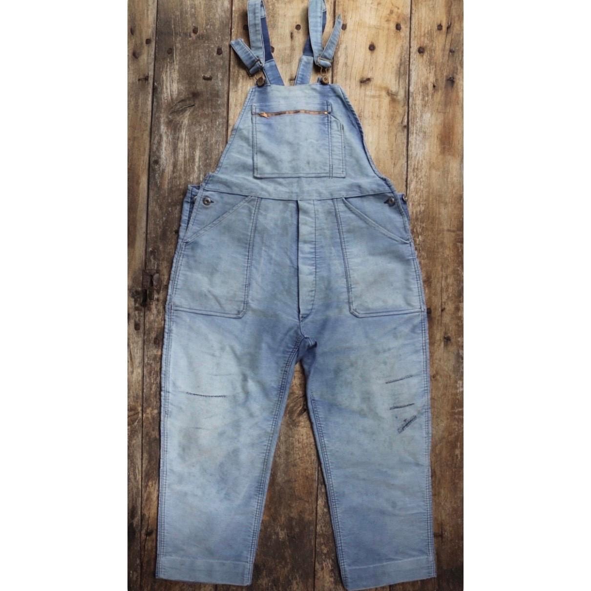 Vintage 1960s 70s French workwear dungarees - blue moleskin overalls - patched chore pants - faded and darned - 40” x 42” x 24”