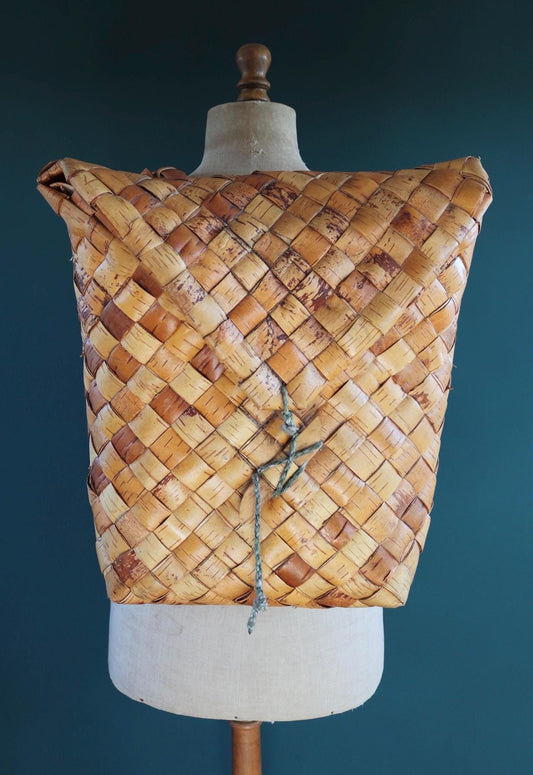 Vintage Swedish woven birch bag - birch bark rucksack - folk art - traditional weaving