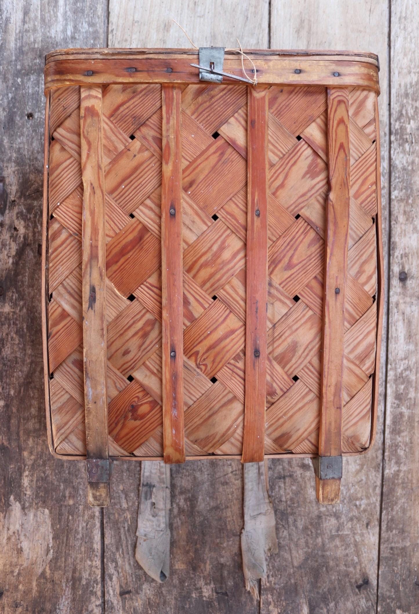 Vintage Swedish woven wooden bag - pine strip rucksack - folk art - traditional weaving