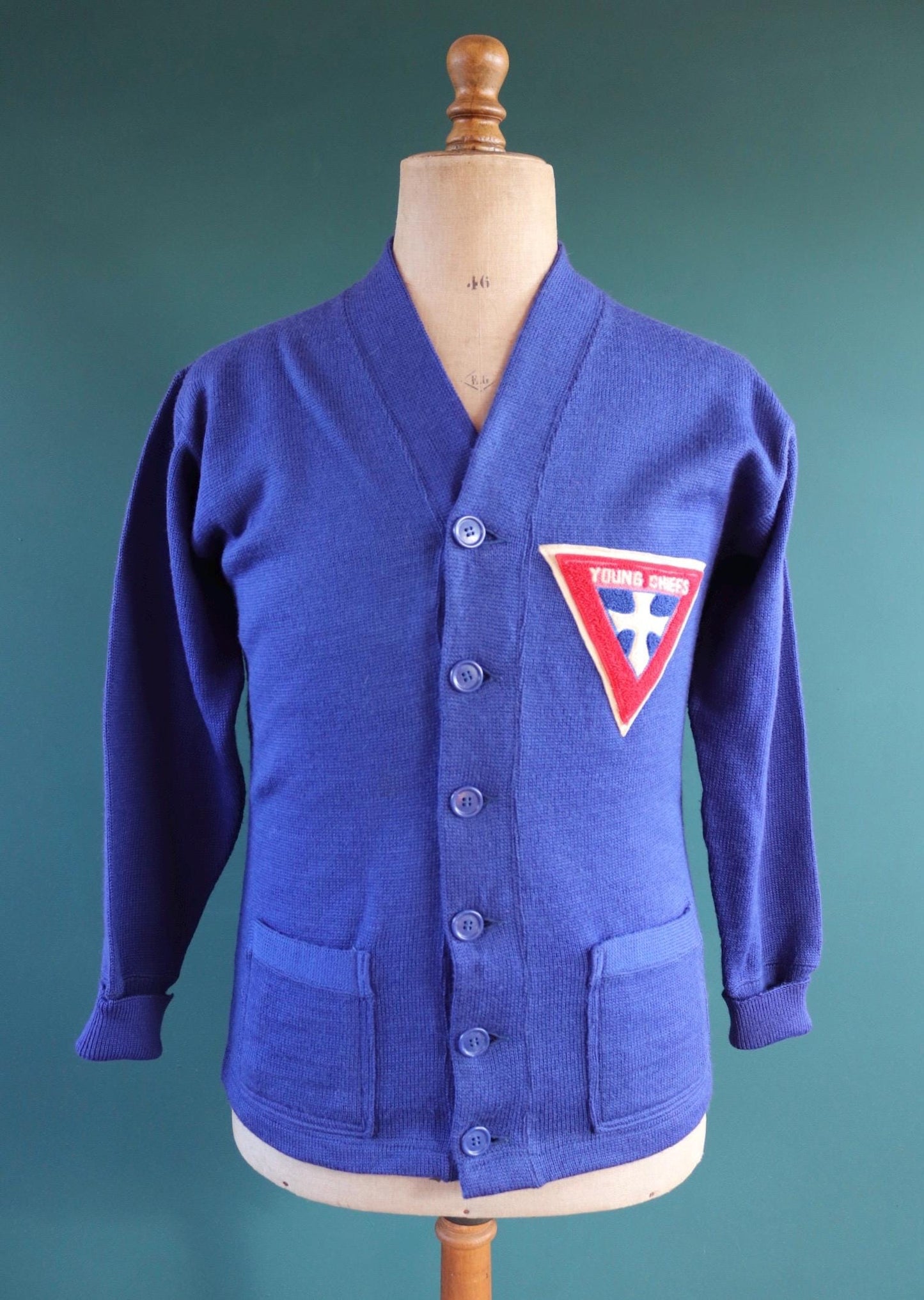 Vintage 1960s wool varsity sweater - knitted cardigan - chenille patch - 38” chest