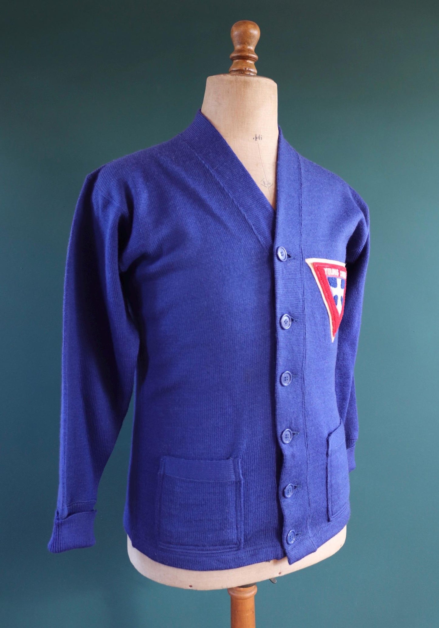 Vintage 1960s wool varsity sweater - knitted cardigan - chenille patch - 38” chest