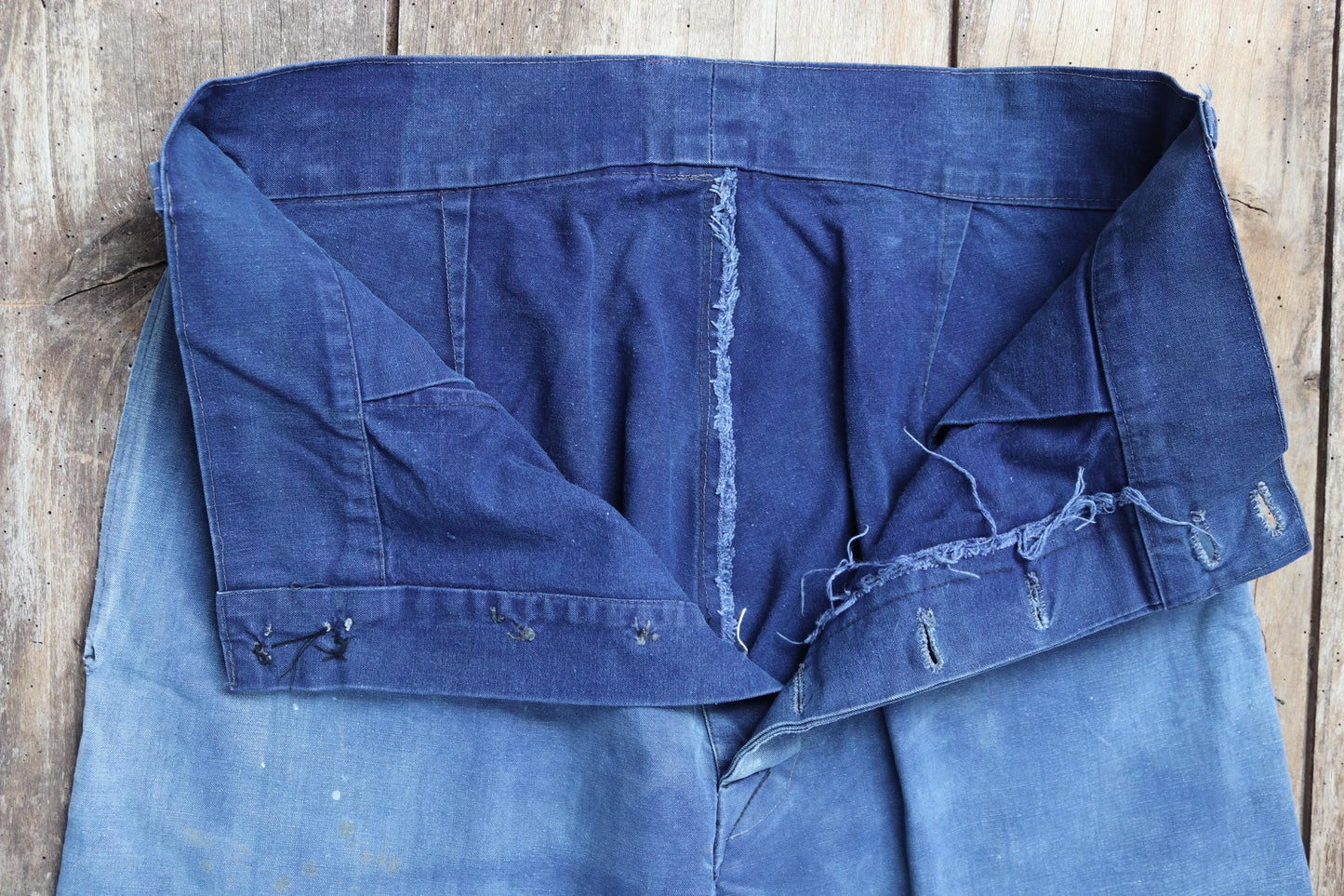 Vintage French workwear trousers - 1930s chore pants - sun faded blue cotton - 34” x 29”