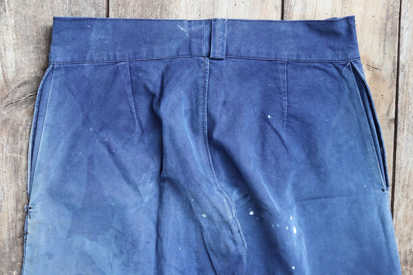 Vintage French workwear trousers - 1930s chore pants - sun faded blue cotton - 34” x 29”