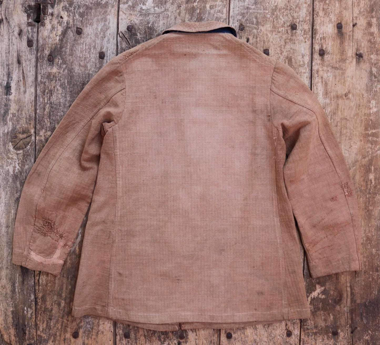 Antique 1800s French workwear jacket - 1900s herringbone linen - military bourgeron - hand repaired - 34” chest