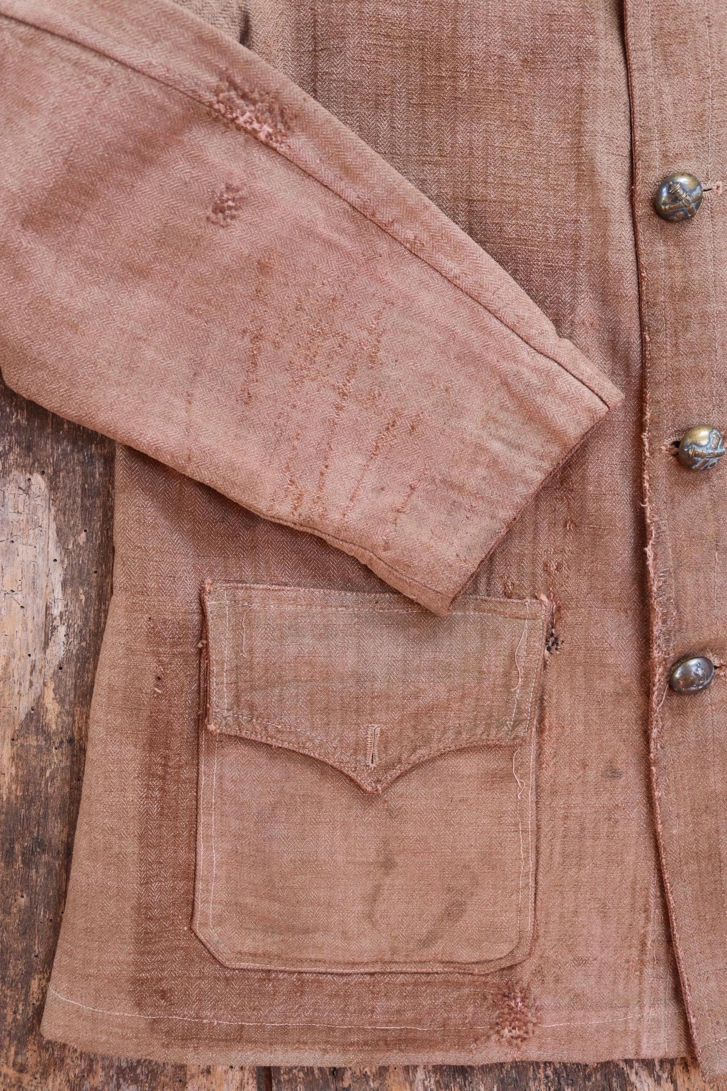 Antique 1800s French workwear jacket - 1900s herringbone linen - military bourgeron - hand repaired - 34” chest
