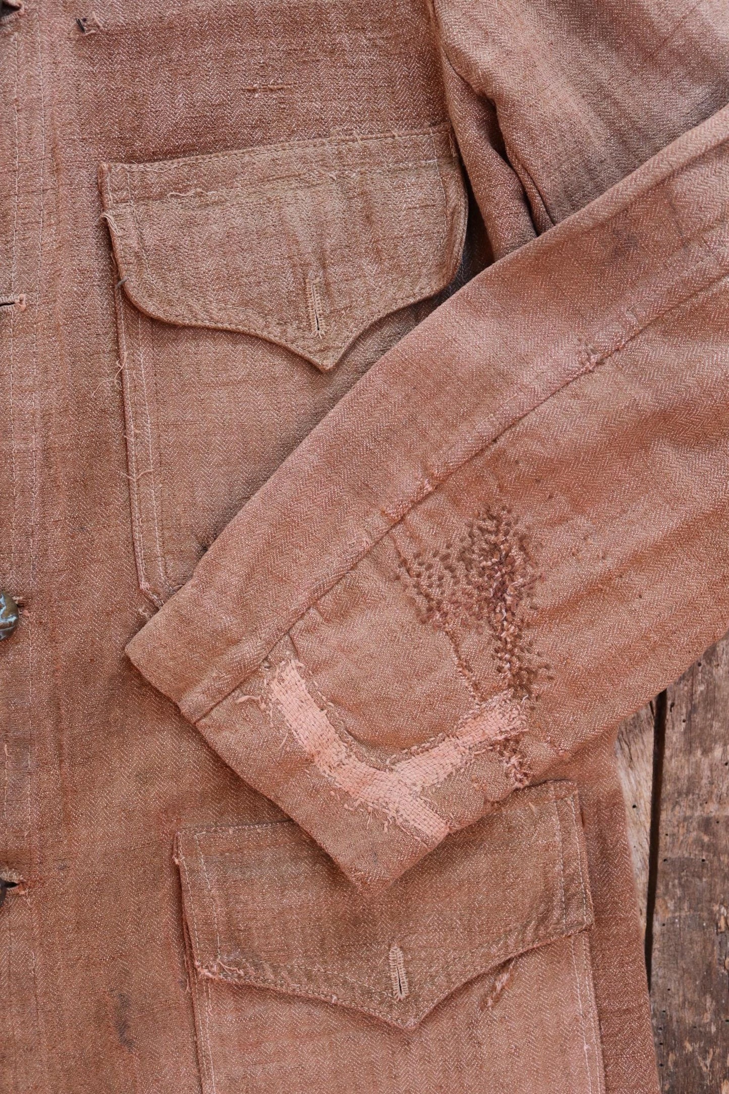 Antique 1800s French workwear jacket - 1900s herringbone linen - military bourgeron - hand repaired - 34” chest