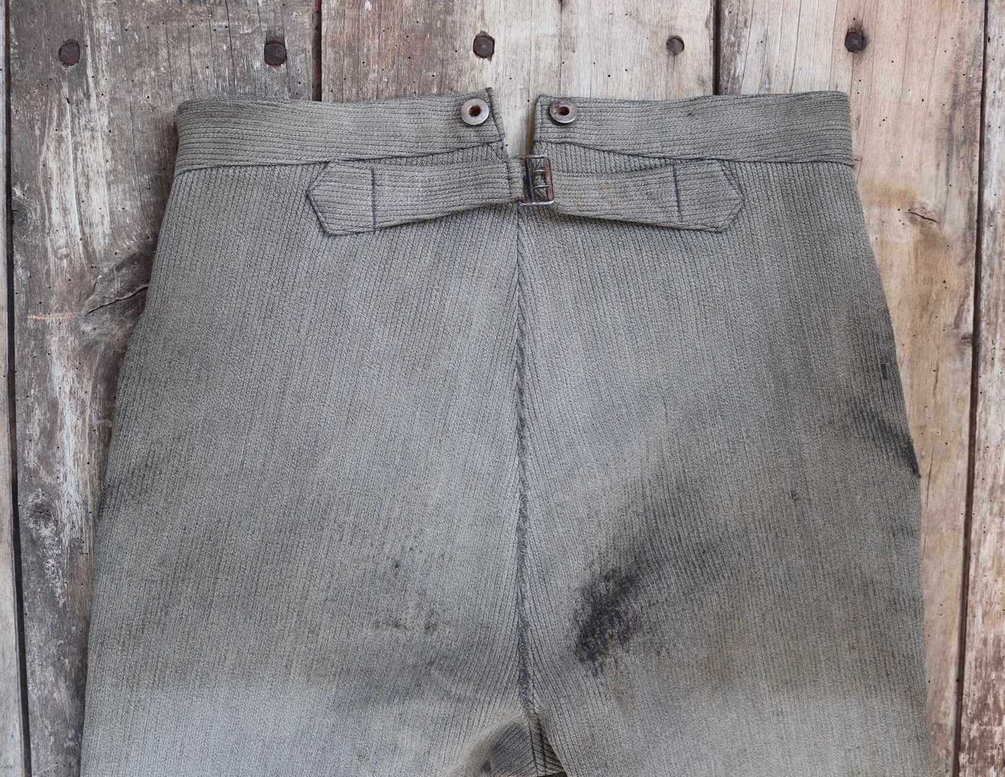 Vintage 1950s French patched workwear trousers - chore pants - buckle back - 32” x 29”
