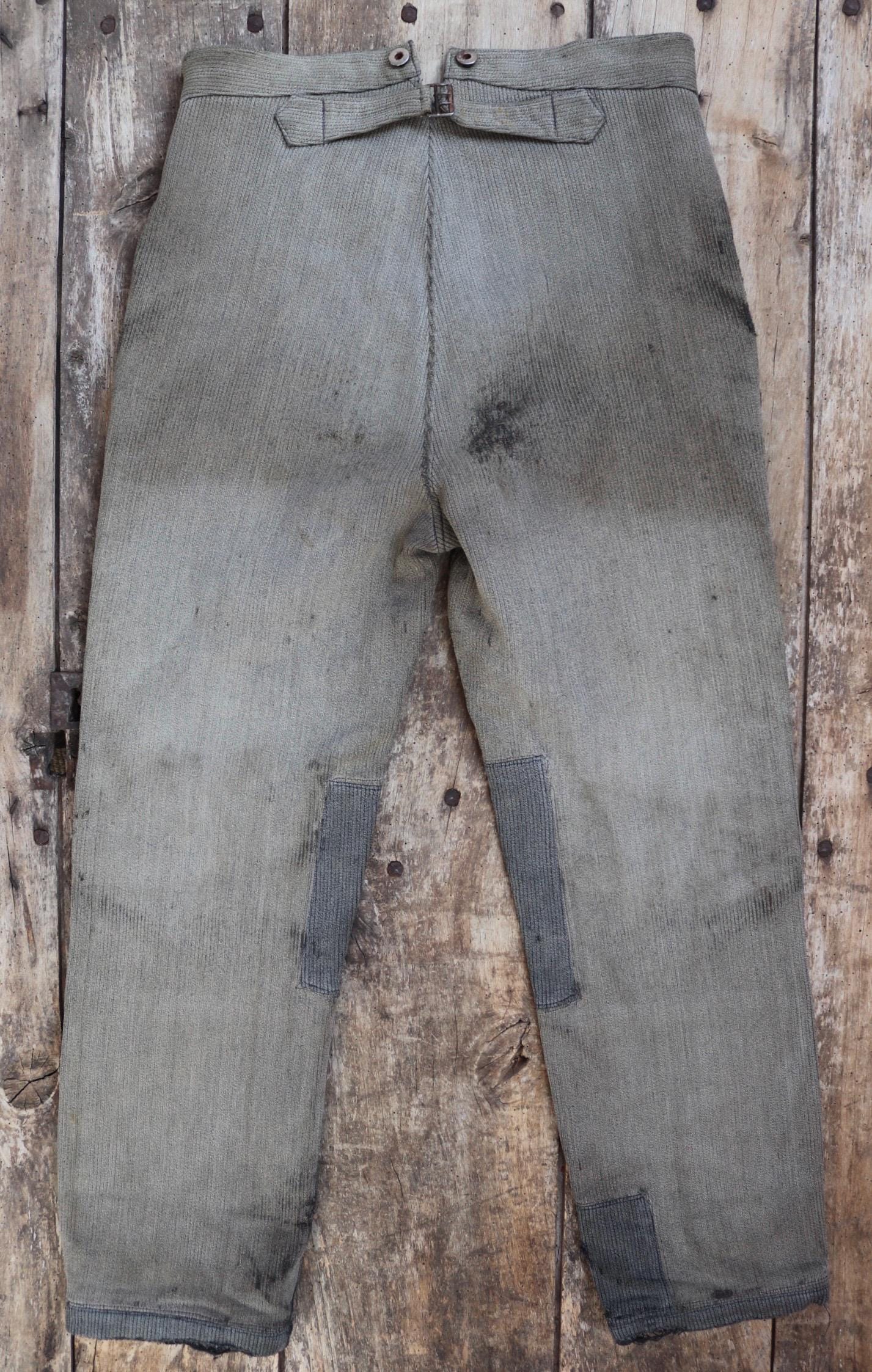 Vintage 1950s French patched workwear trousers - chore pants - buckle back - 32” x 29”