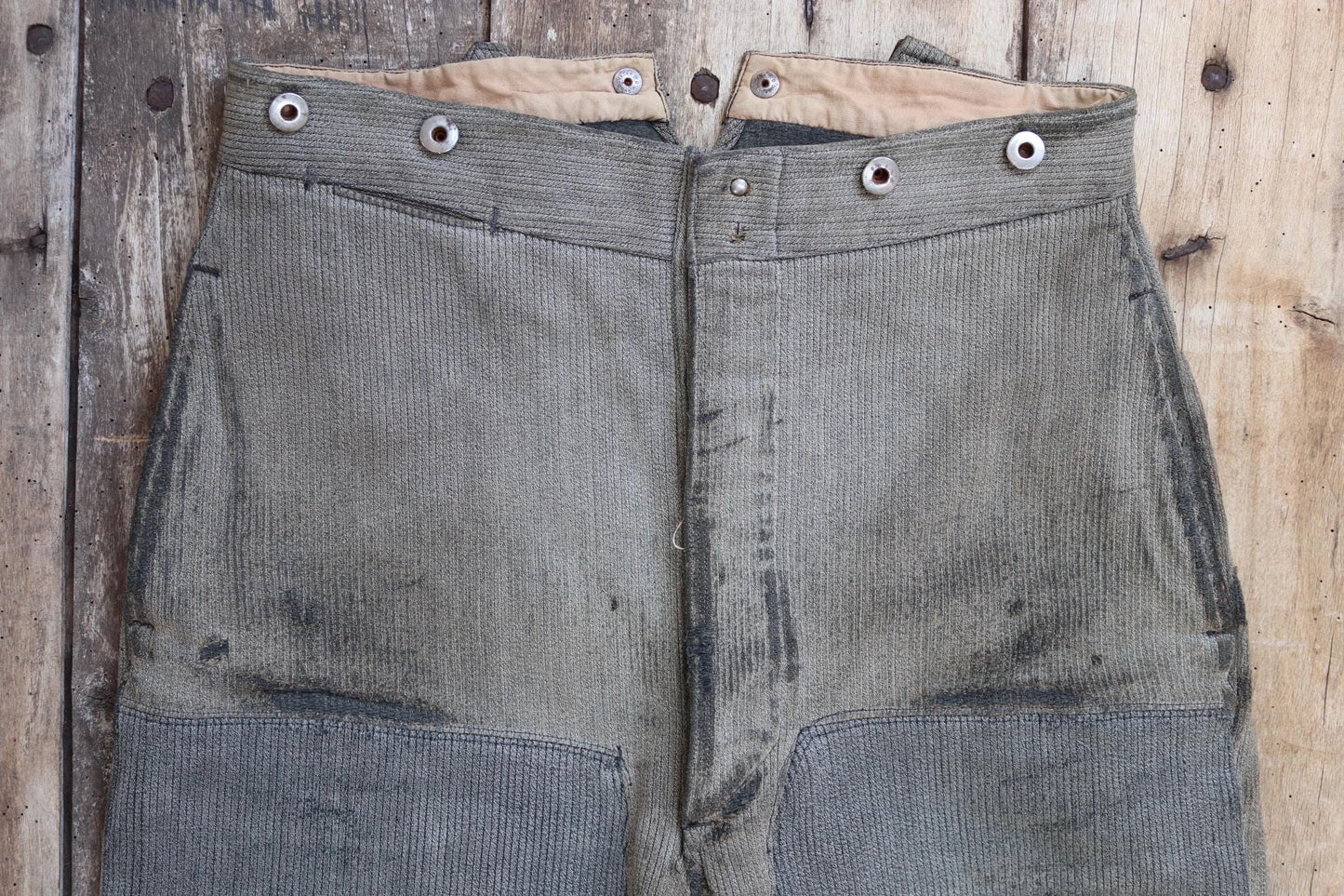 Vintage 1950s French patched workwear trousers - chore pants - buckle back - 32” x 29”