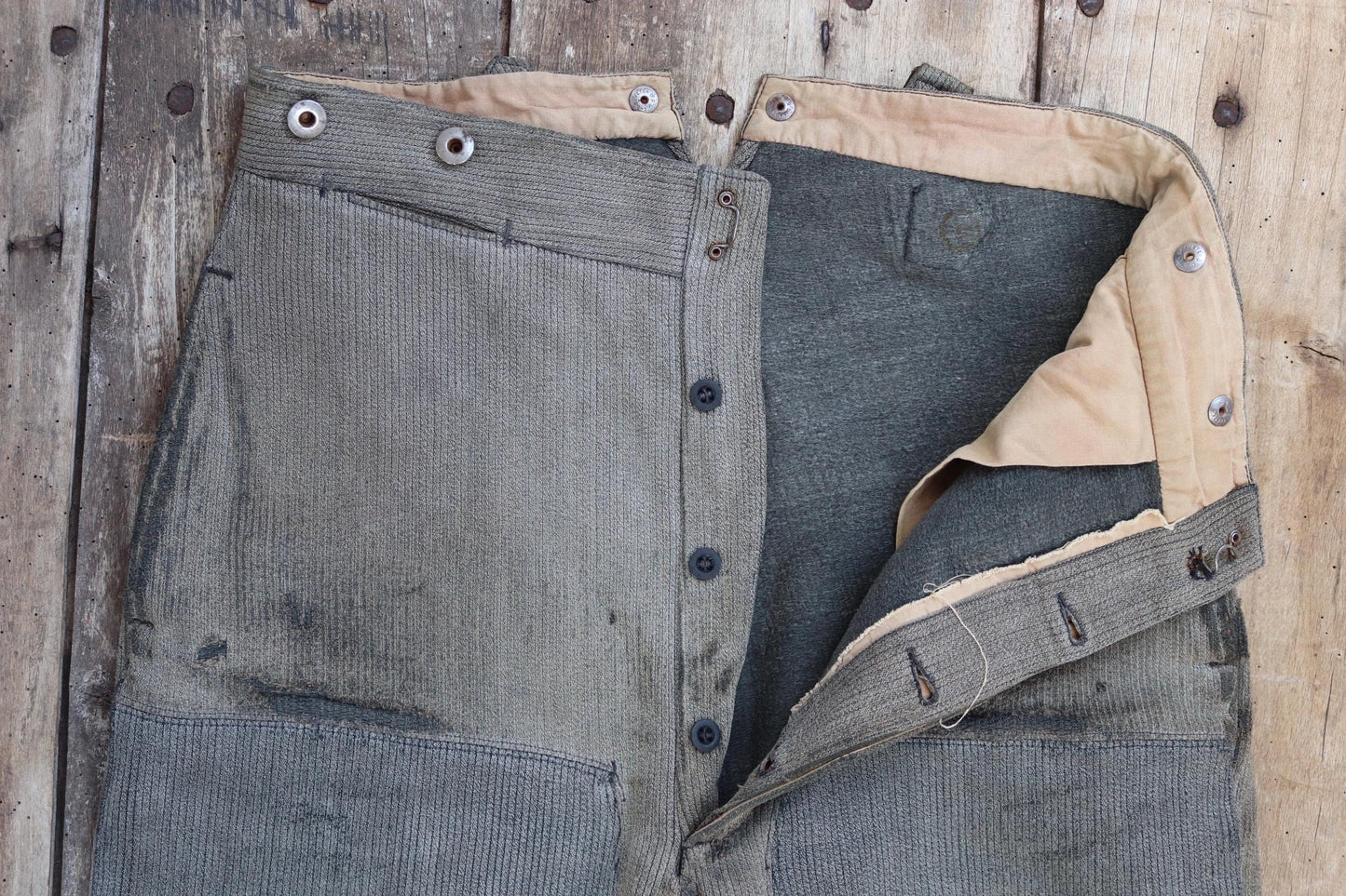 Vintage 1950s French patched workwear trousers - chore pants - buckle back - 32” x 29”