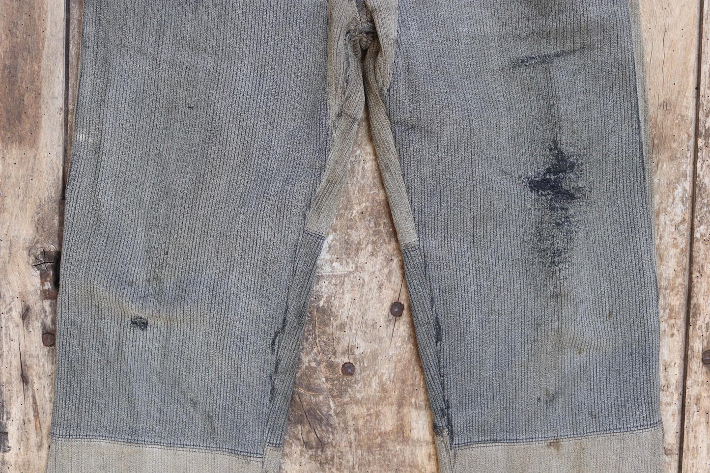 Vintage 1950s French patched workwear trousers - chore pants - buckle back - 32” x 29”