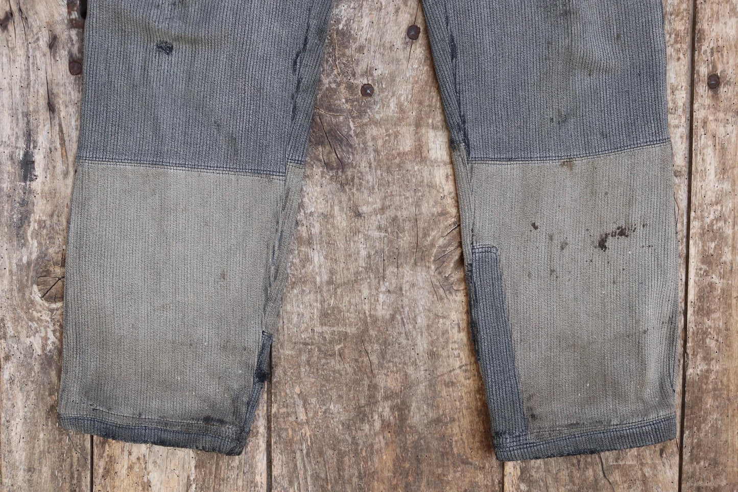 Vintage 1950s French patched workwear trousers - chore pants - buckle back - 32” x 29”