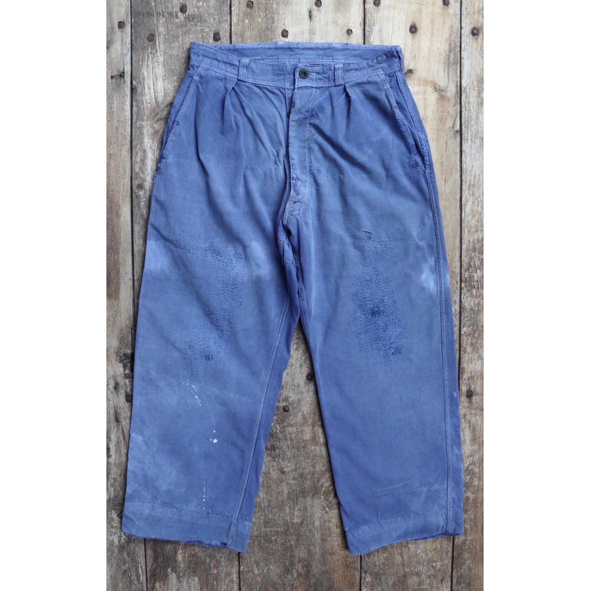 Vintage French workwear trousers - hand darned and repaired - blue cotton twill pants - 1960s chore - 30” x 25”