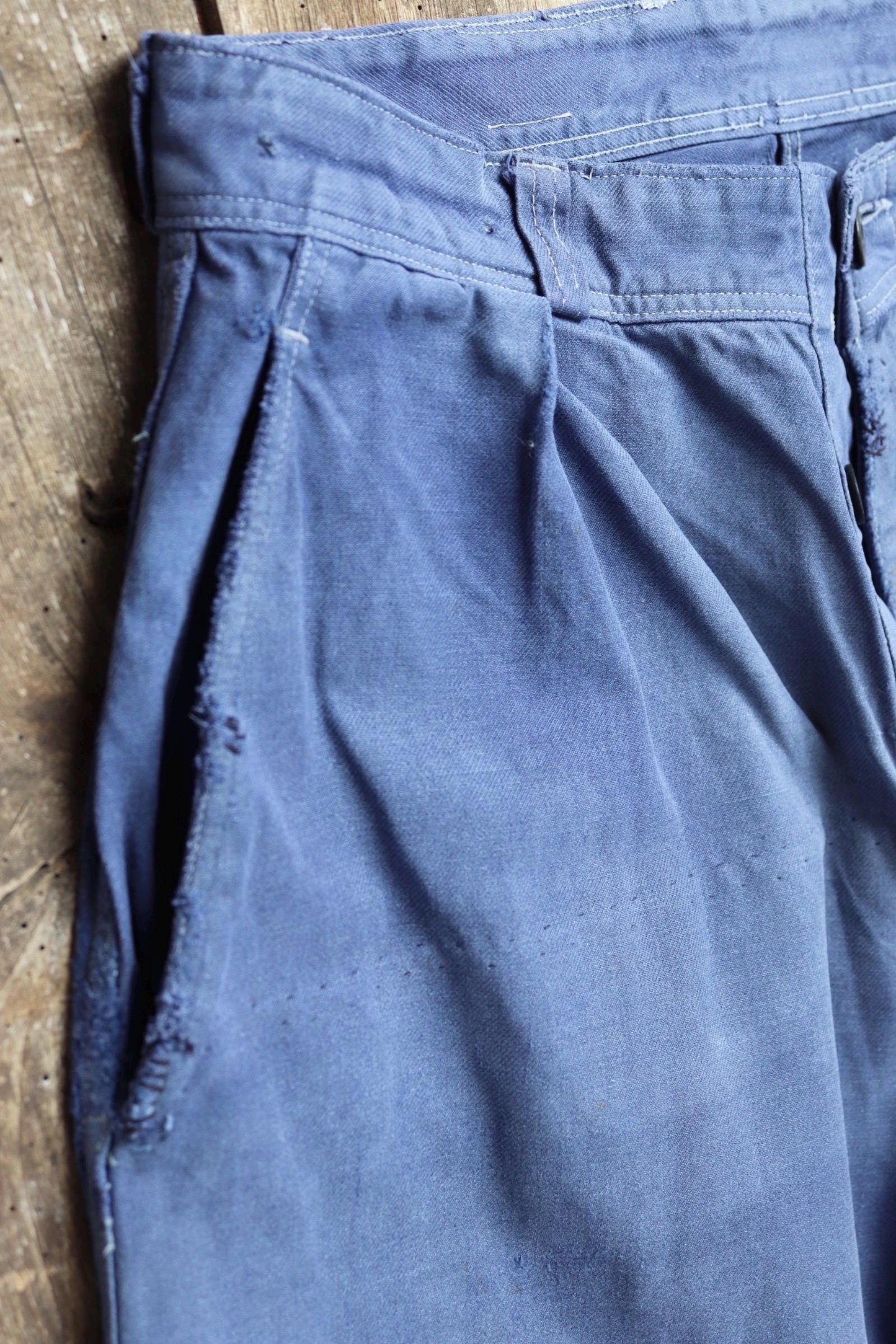 Vintage French workwear trousers - hand darned and repaired - blue cotton twill pants - 1960s chore - 30” x 25”