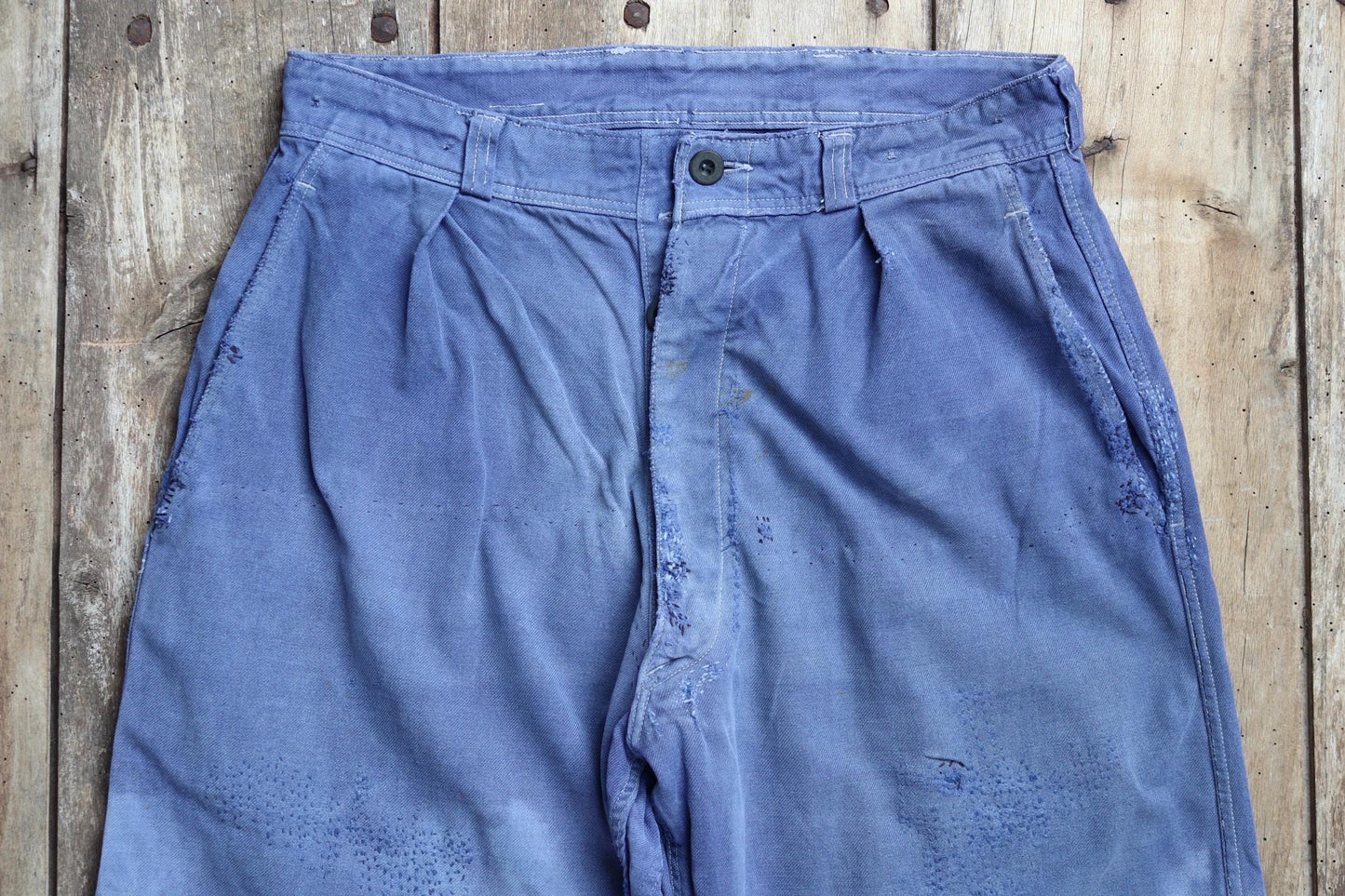 Vintage French workwear trousers - hand darned and repaired - blue cotton twill pants - 1960s chore - 30” x 25”