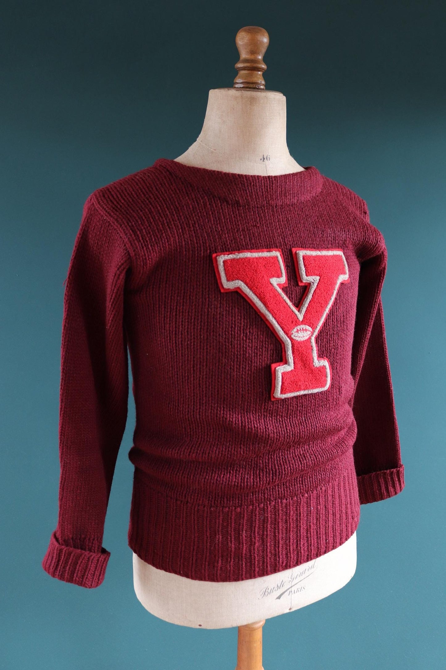 Vintage 1930s varsity sweater - burgundy wool jumper - antique knitwear - 34” chest