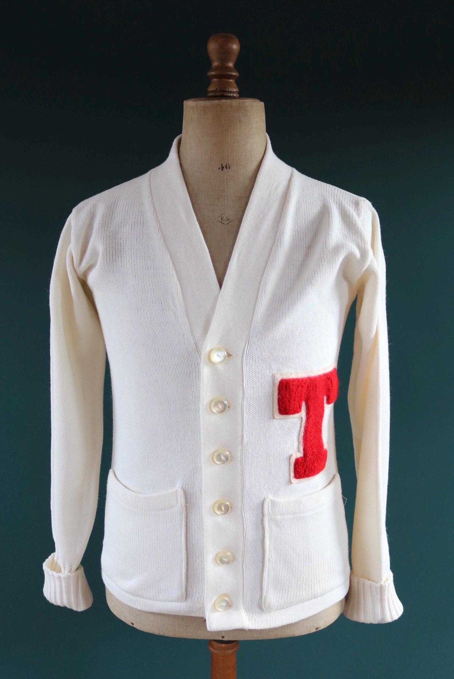 Vintage 1960s acrylic varsity sweater - Ivy League style - white cardigan - knitwear - 38” chest