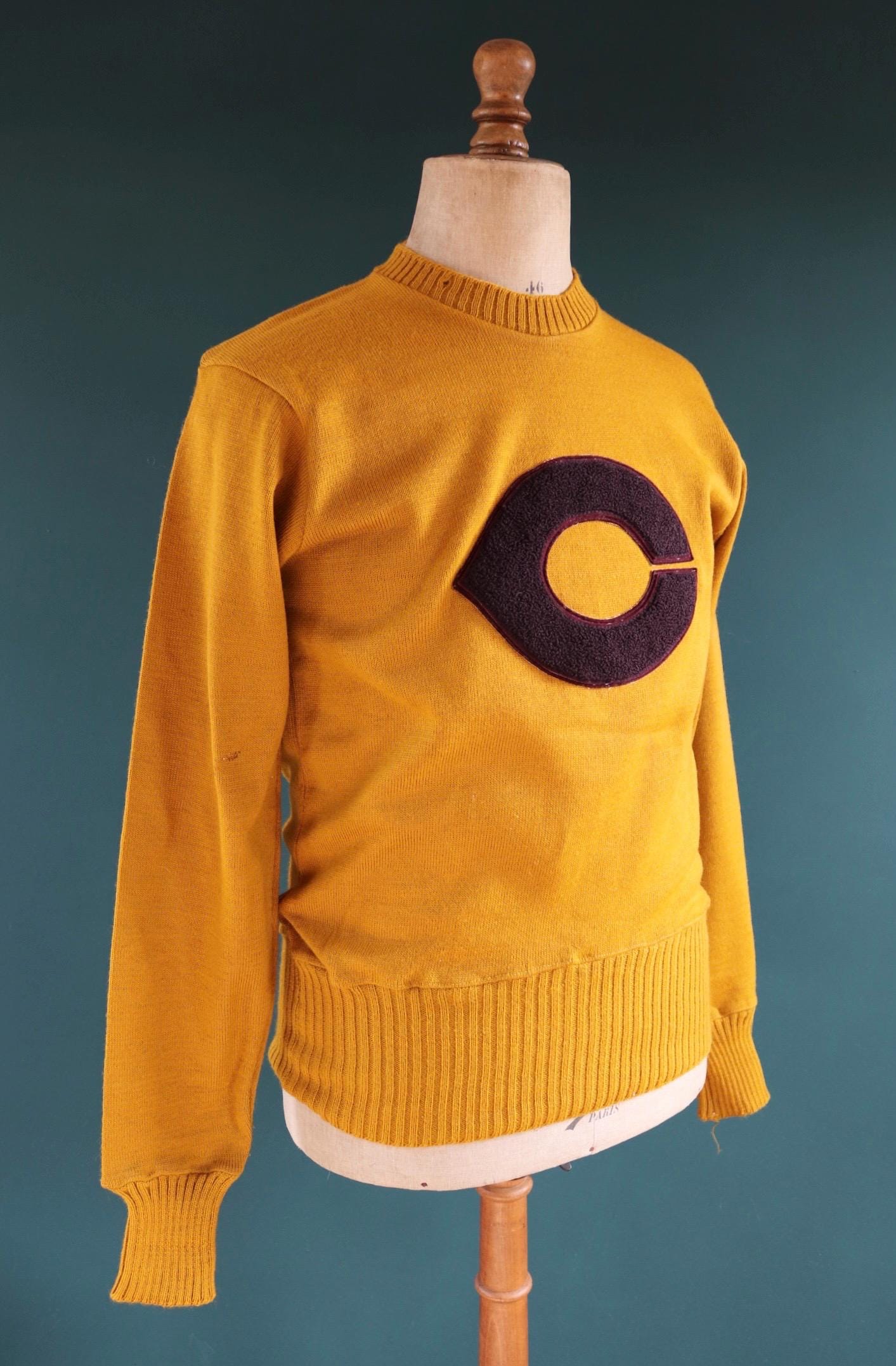 Vintage 1960s mustard wool sweater - gold varsity knit - Ivy League style - chenille patch - 40” chest