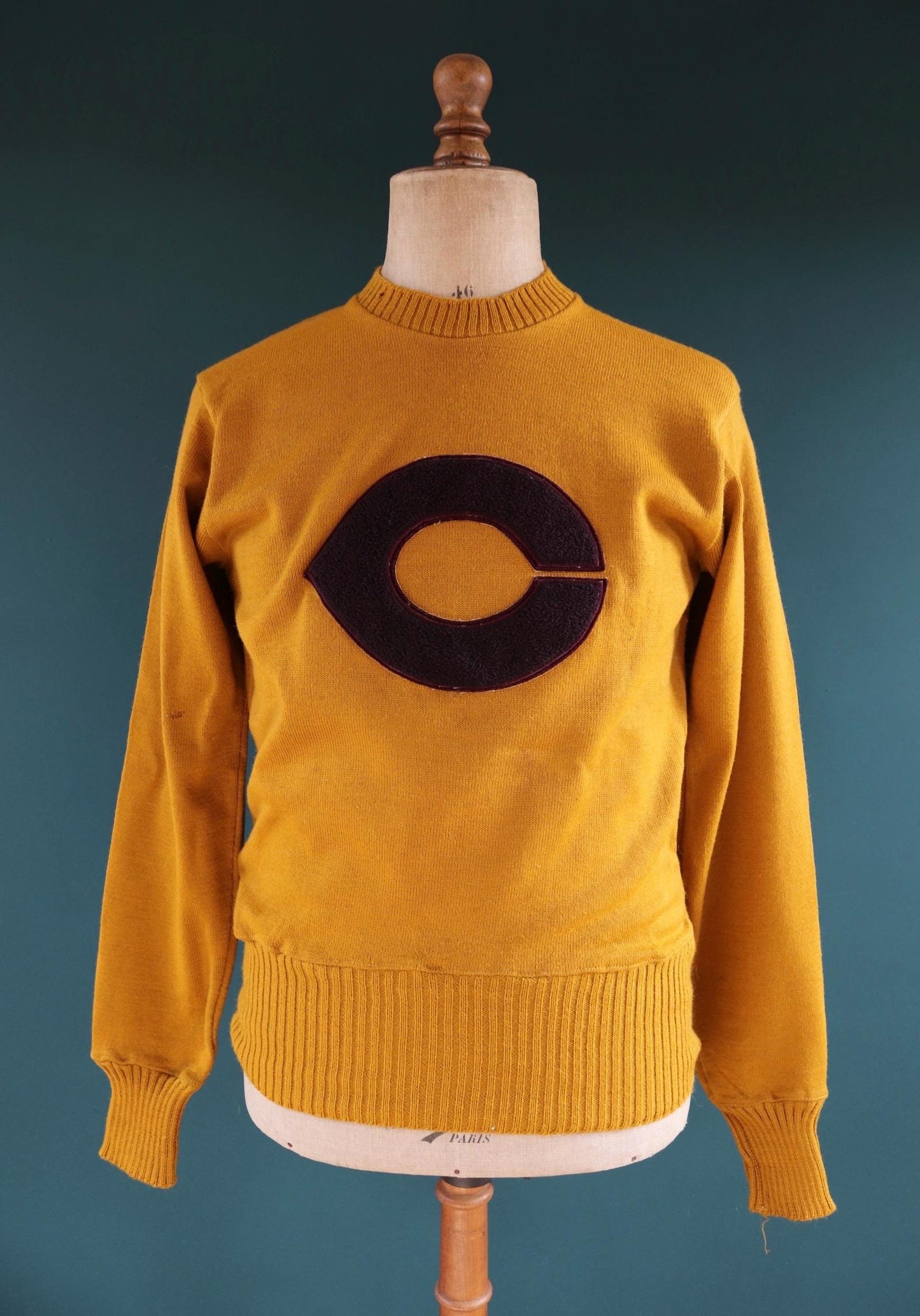 Vintage 1960s mustard wool sweater - gold varsity knit - Ivy League style - chenille patch - 40” chest