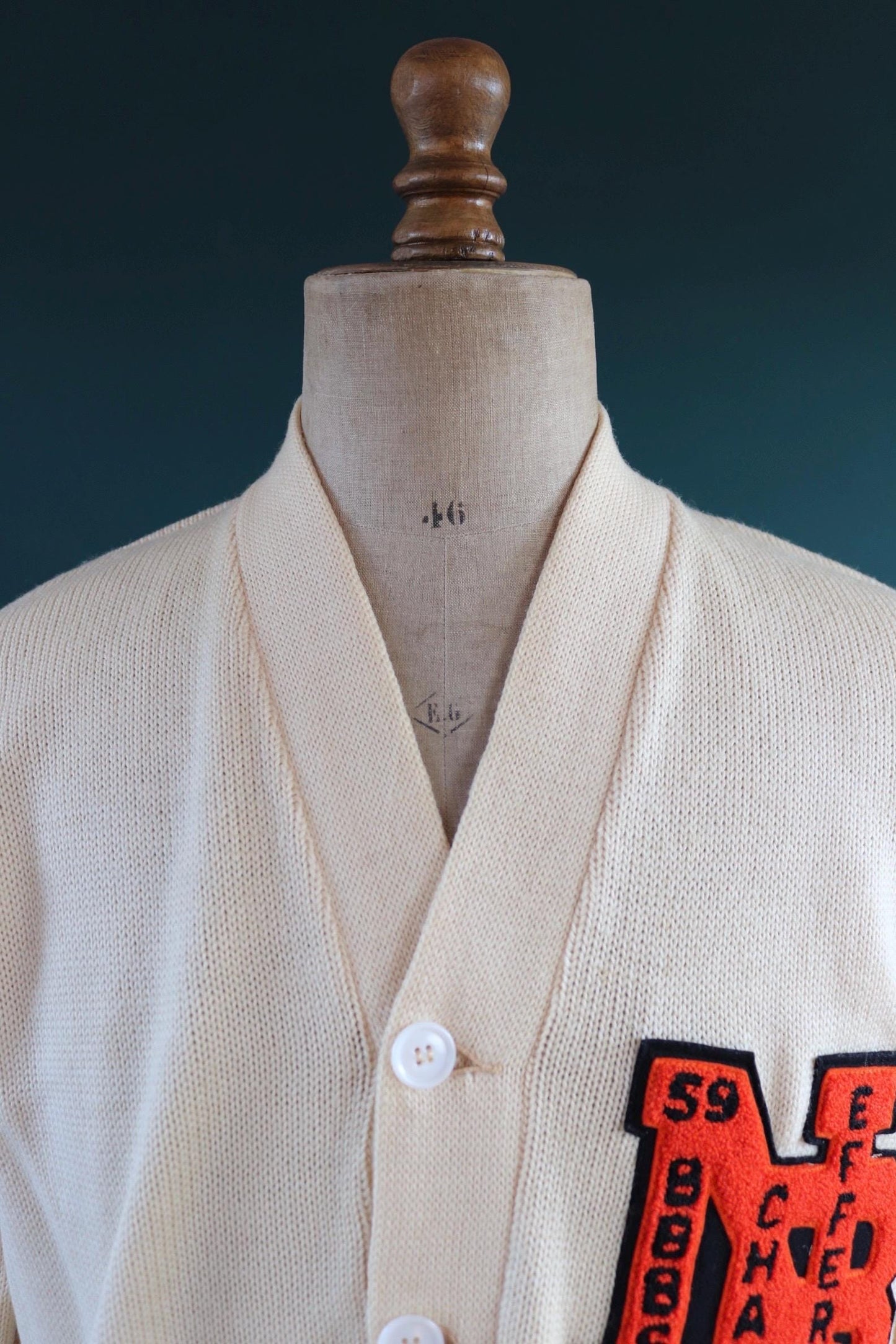Vintage 1950s wool varsity sweater - chenille patch - knitted cardigan - Ivy League style - 46” chest